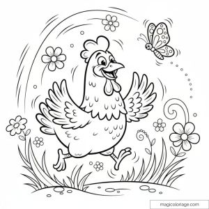 Dessin de poule amusante dans la nature avec papillon et fleurs autour.