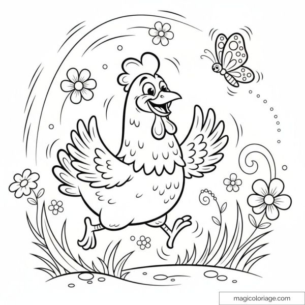 Dessin de poule amusante dans la nature avec papillon et fleurs autour.
