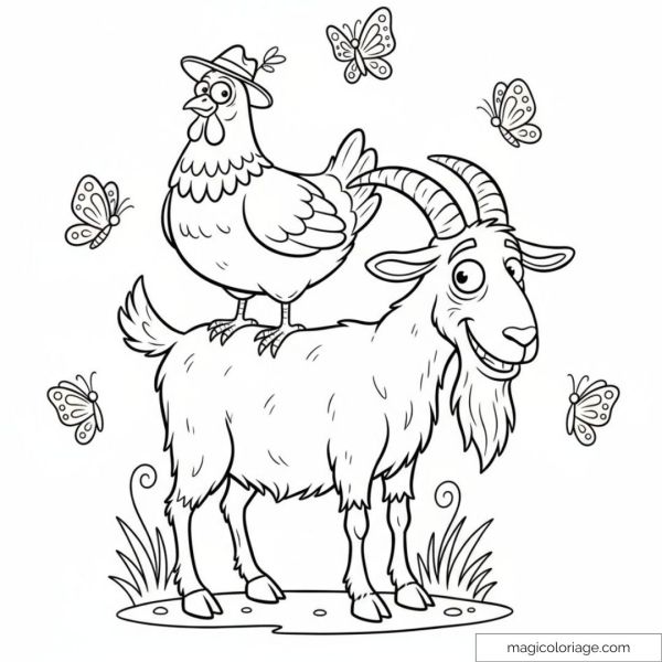 Poule avec chapeau sur une chèvre entourée de papillons