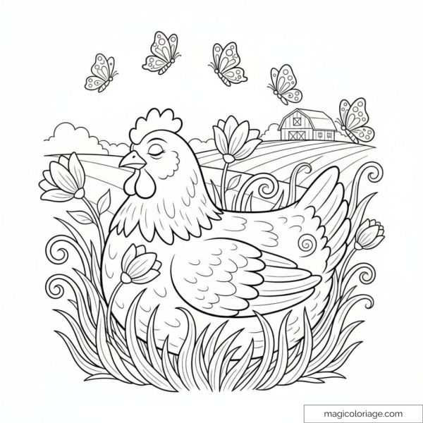Poule et papillons avec fleurs et ferme en arrière-plan.