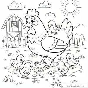 Dessin de poule et poussins à la ferme sous le soleil et nuages souriants.