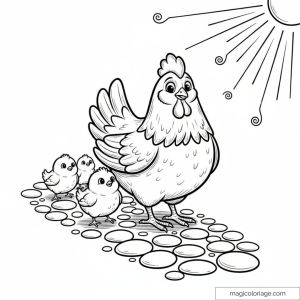 Poule entourée de poussins sous le soleil