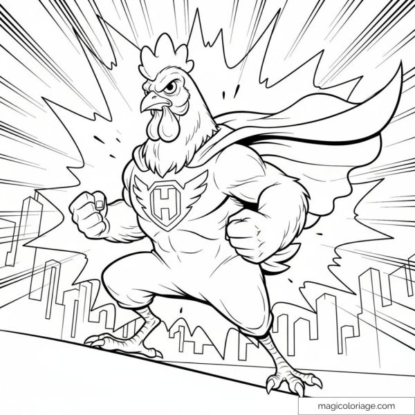 Dessin de poulet super-héros avec cape et explosions en arrière-plan.