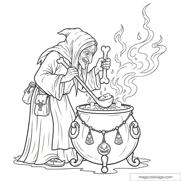 Witch preparing a magic potion with a steaming cauldron