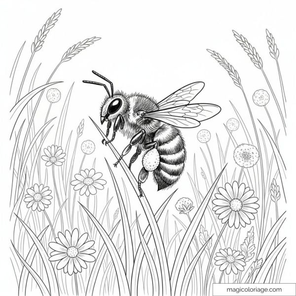 Bee drawing with flowers and grass in the background