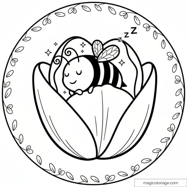 Sleeping bee in a flower with leaf patterns around it