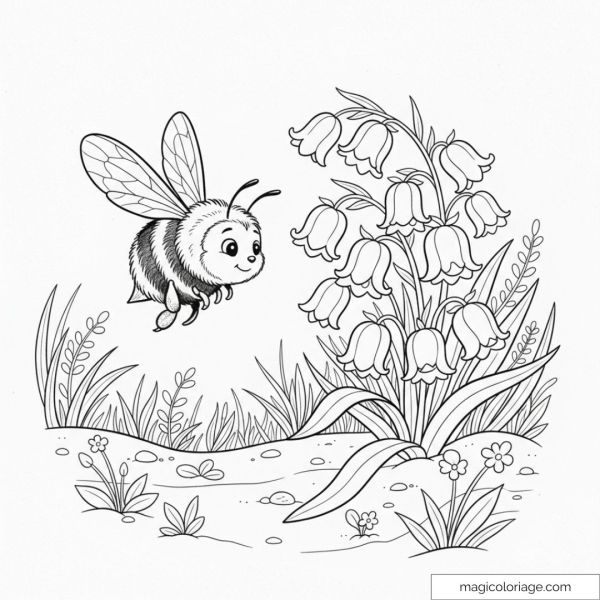 Happy bee flying near wildflowers coloring page.