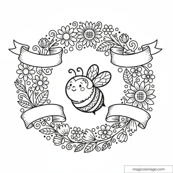 Happy bee surrounded by flowers and ribbons to color.
