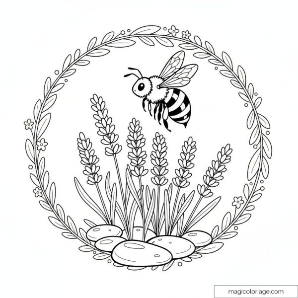 Bee and lavender in a floral frame for coloring