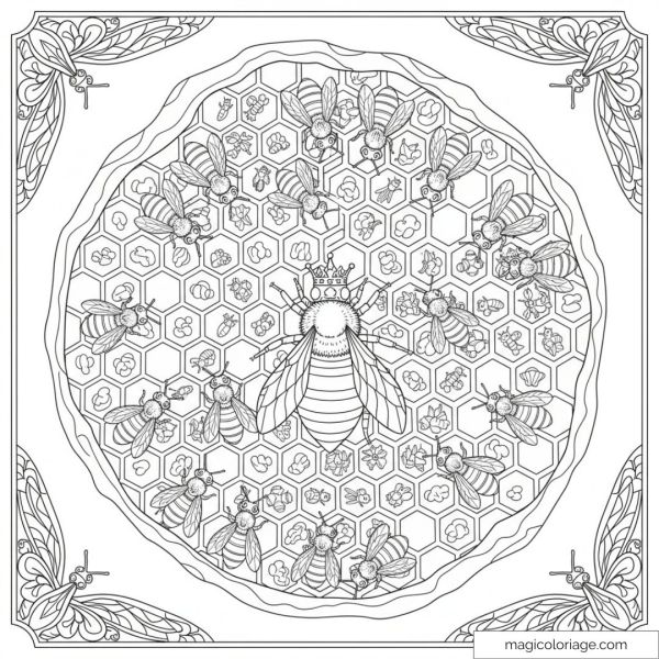 Drawing of a hive with bees and queens