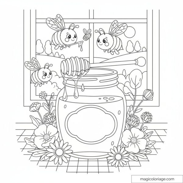 Coloring page of smiling bees near a pot of honey