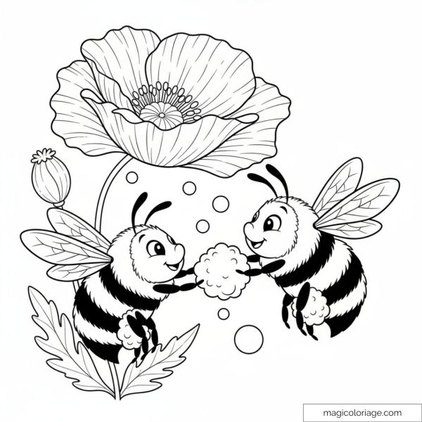 Happy bees with a big flower and leaves around.