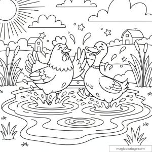 Poule et canard dans une mare sous le soleil avec nuages et herbe