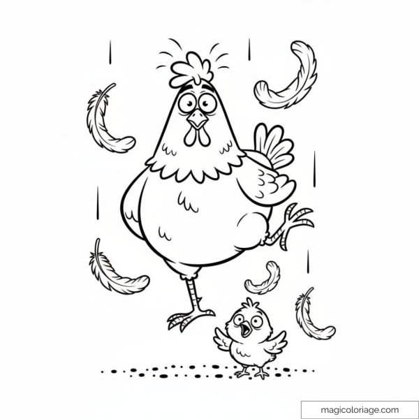 Poule et poussin dansant avec plumes autour