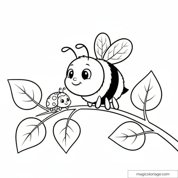 Bee and ladybug on a branch coloring page