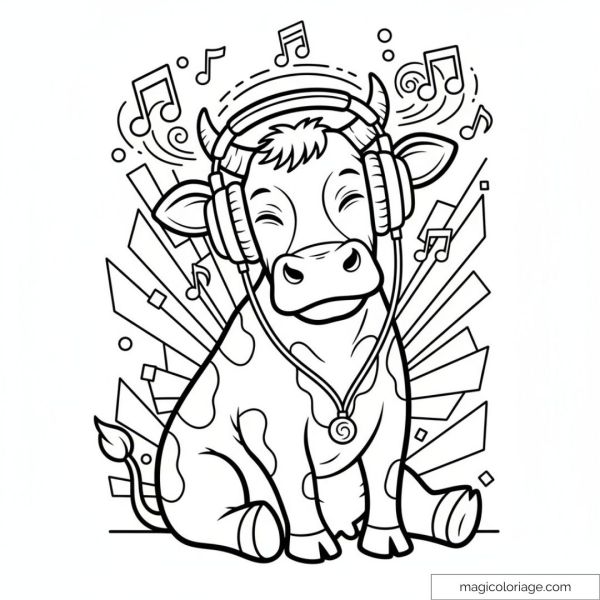 Vache avec casque audio et notes de musique pour un coloriage amusant.