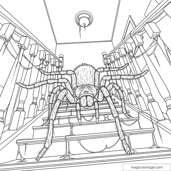 Giant spider drawing on stairs with fascinating details