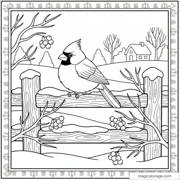 Cardinal coloring page on a snowy fence with winter landscape in the background.