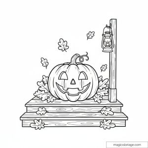 Dessin de citrouille souriante avec lanterne et feuilles d'automne.