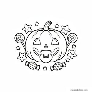 Dessin de citrouille Halloween et bonbons colorié