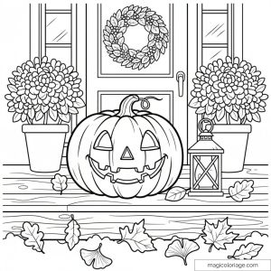 Dessin de citrouille d'Halloween sur un perron avec feuilles.