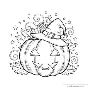 Dessin citrouille Halloween avec feuilles et étoiles