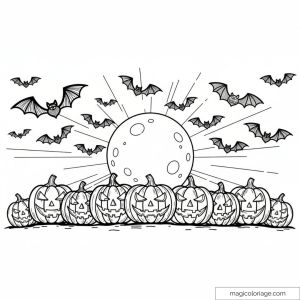 Dessin de citrouilles d'Halloween avec chauves-souris et lune brillante.