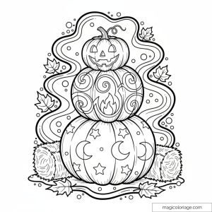 Illustration de trois citrouilles empilées décorées de motifs magiques et feuilles d’automne.
