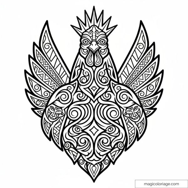 Coloriage coq unique avec de nombreux détails et motifs complexes.