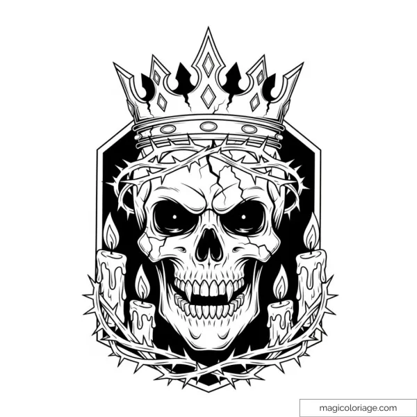 Crowned skull surrounded by candles and crown of thorns