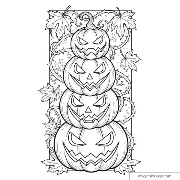 Drawing of stacked pumpkins with terrifying faces for Halloween.