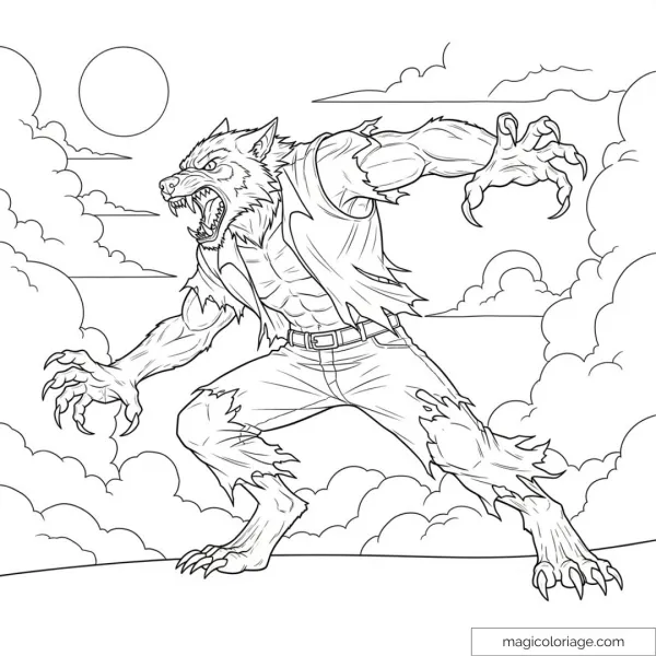 Drawing of a werewolf howling under the moon