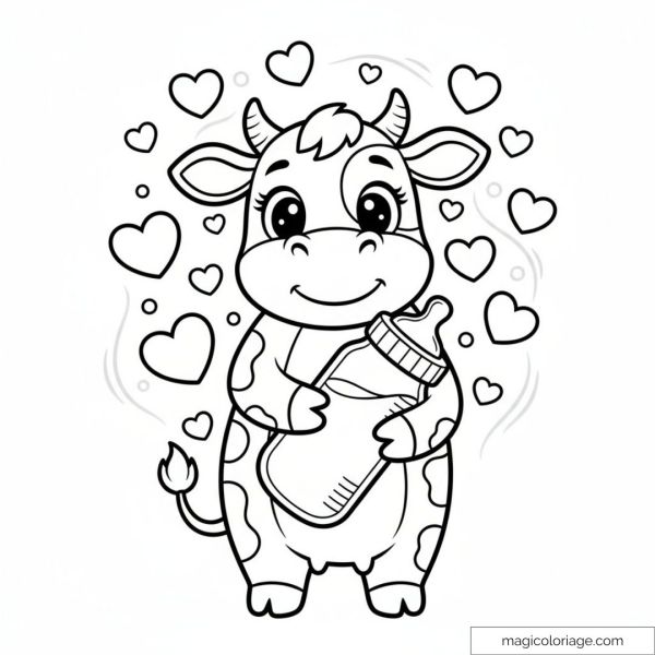 Image de vache mignonne tenant un biberon entouré de cœurs