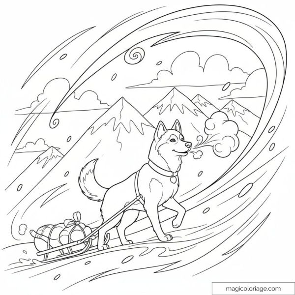 Drawing of a sled dog pulling a sled in the snow with mountains in the background.