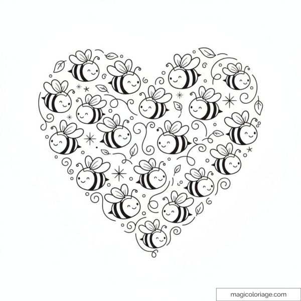 Drawing of hearts formed by smiling bees for coloring.
