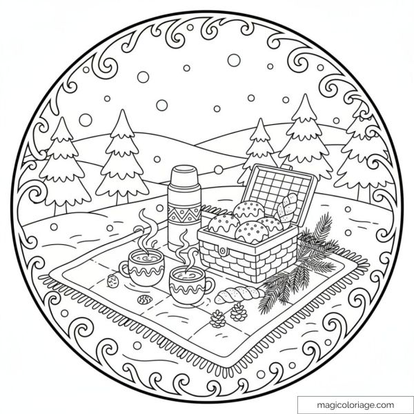 Winter picnic drawing with snow