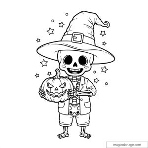 Squelette d'Halloween avec chapeau de sorcier et citrouille.
