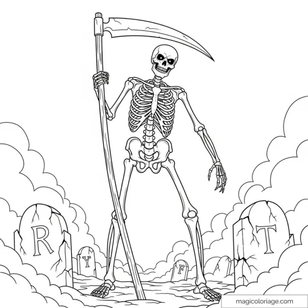 Skeleton with a scythe in a cemetery surrounded by graves.