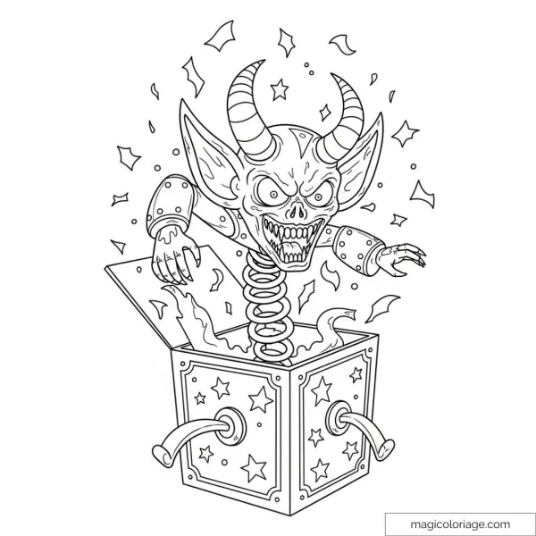 Terrifying devil emerging from a surprise box to color.