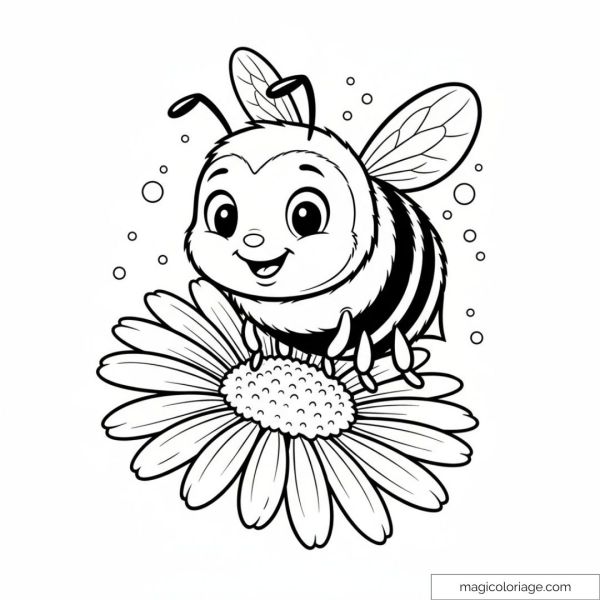 Drawing of a smiling bee on a large flower.