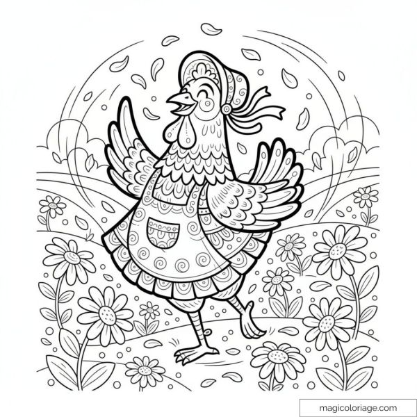 Dessin de poule joyeuse au jardin parmi les fleurs
