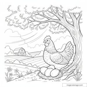 Poule assise sous un arbre avec œufs et paysage champêtre en fond.