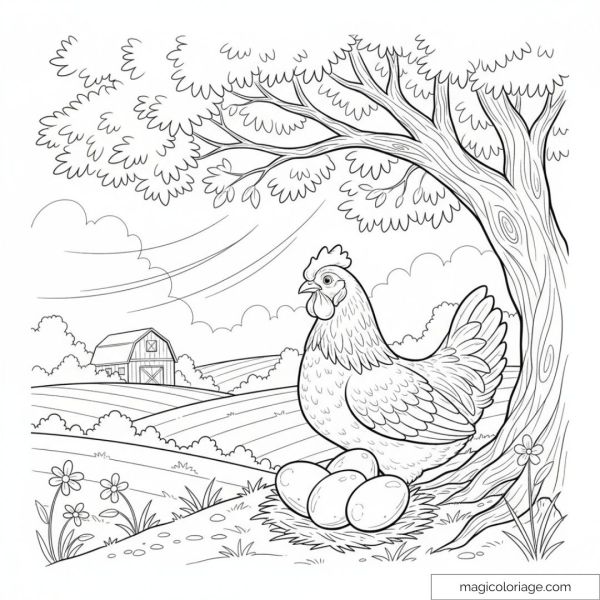Poule assise sous un arbre avec œufs et paysage champêtre en fond.
