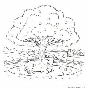Vache couchée sous un pommier