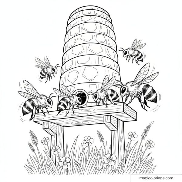 Beehive and active bees with flowers to color