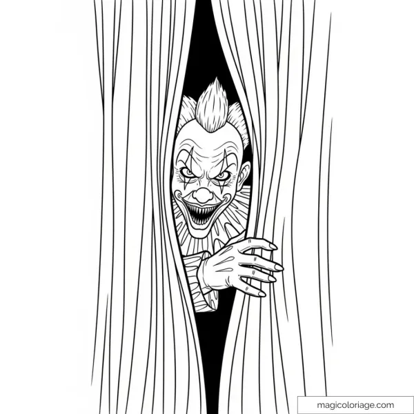 Scary clown hiding behind a curtain