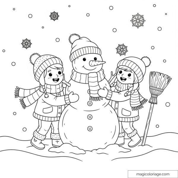 Drawing of children playing with snowman and snowflakes