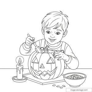 Enfant sculptant une citrouille avec bougie et bonbons pour Halloween.
