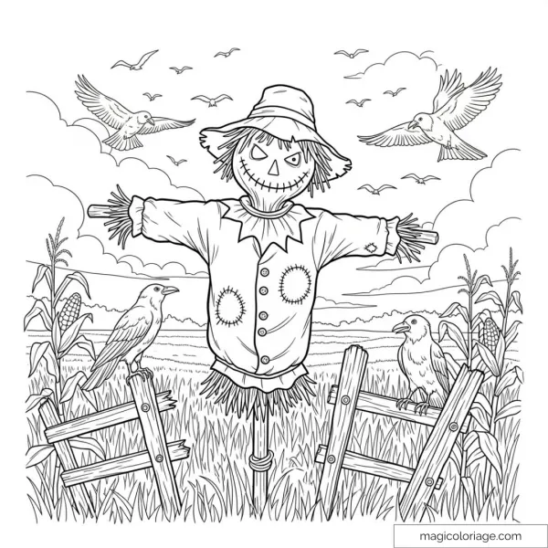 Happy scarecrow in cornfield with crows and sky