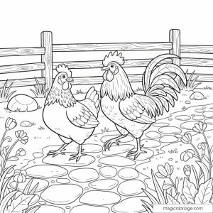 Coloriage de coqs et poules avec clôture en bois et jardin fleuri.